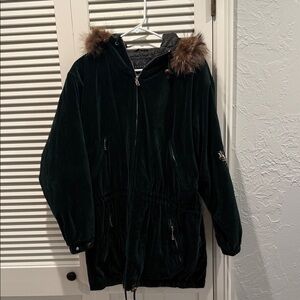 Vintage Bogner Green Velvet ski jacket with detachable raccoon fur collar